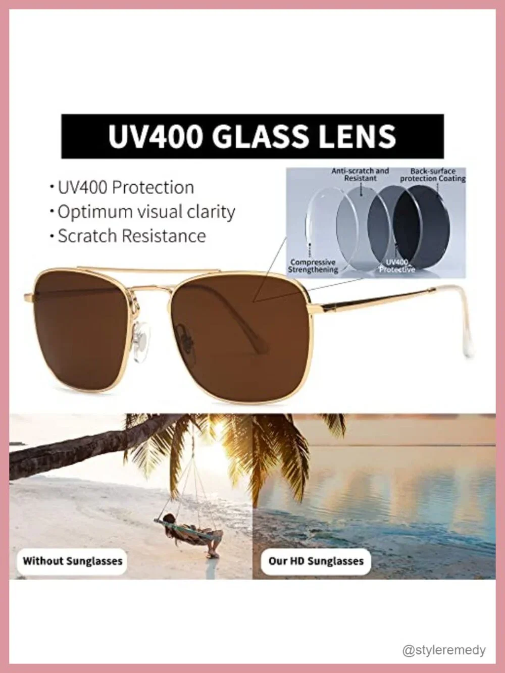 Retro Square Aviator Sunglasses with Glass Lens, Metal Frame